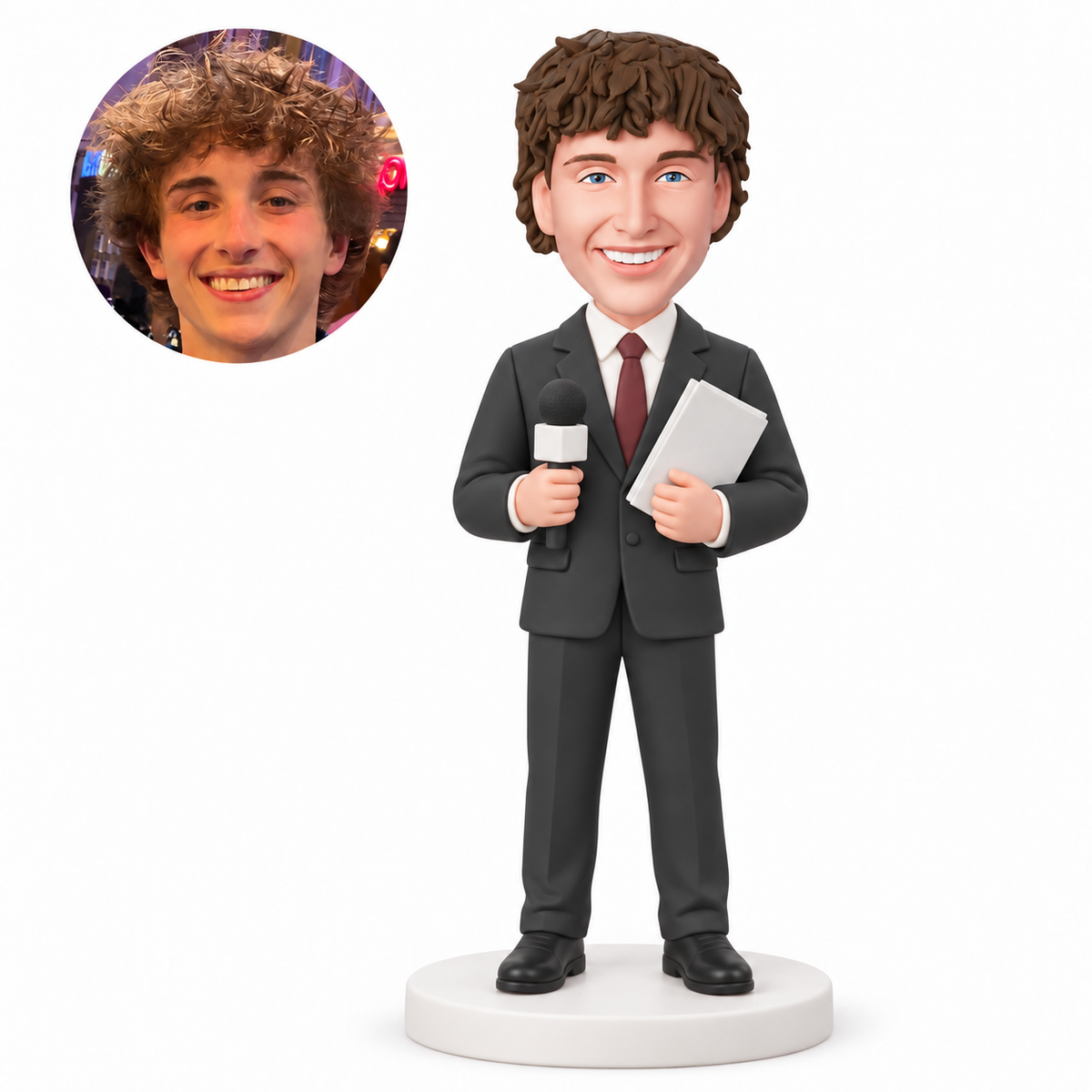 MGA-AC1301 custom bobblehead figure male news reporter in a suit holding a microphone and papers