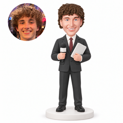 MGA-AC1301 custom bobblehead figure male news reporter in a suit holding a microphone and papers