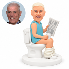 MGA-AC1302 custom bobblehead figure man seated sideways on a toilet holding a newspaper and cup