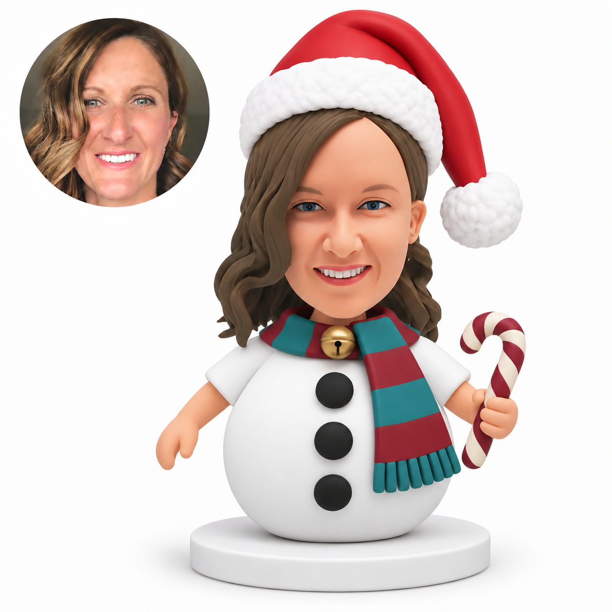 MGA-AC1303 custom bobblehead figure woman in a round snowman costume holding a candy cane