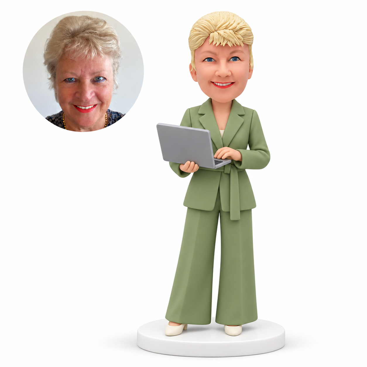 MGA-AC1306 custom bobblehead figure businesswoman in a belted trouser suit typing on an open laptop