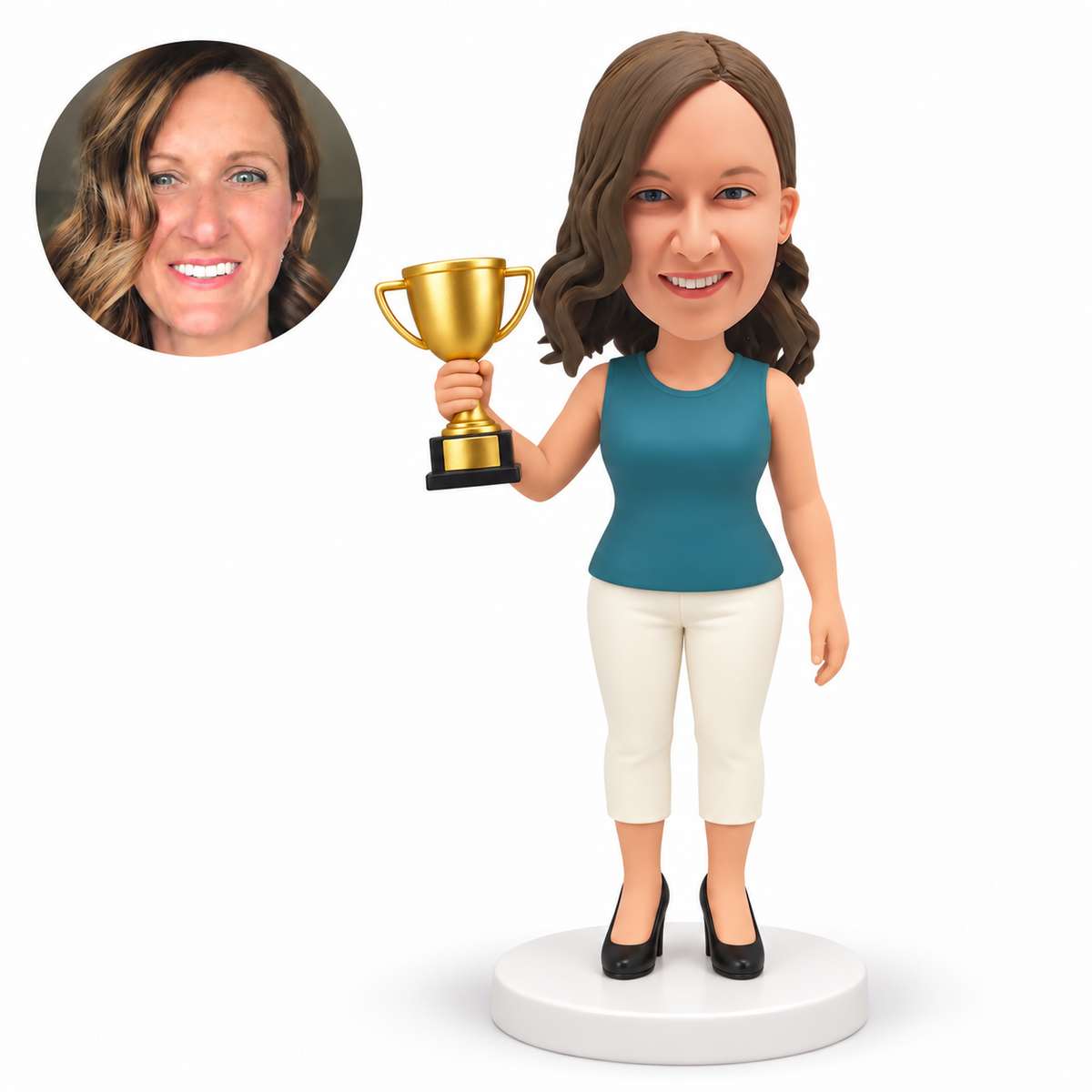 custom bobblehead figure woman in a sleeveless top raising a trophy with her other arm down MGA-AC1310