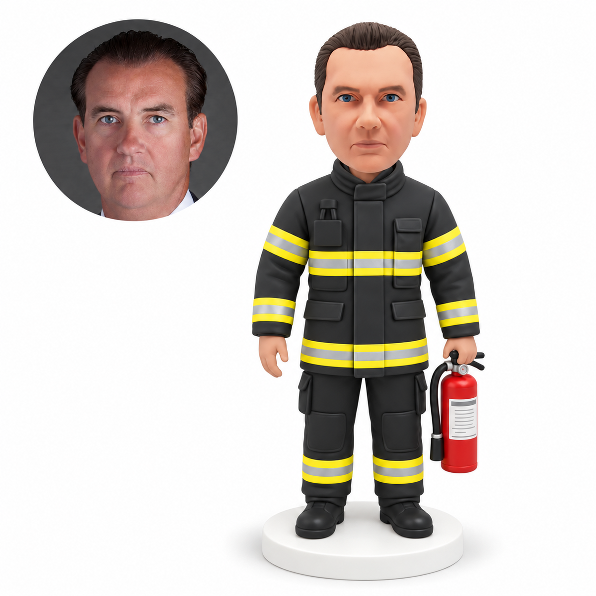 custom bobblehead figure firefighter holding a fire extinguisher with his other arm down MGA-AC1312