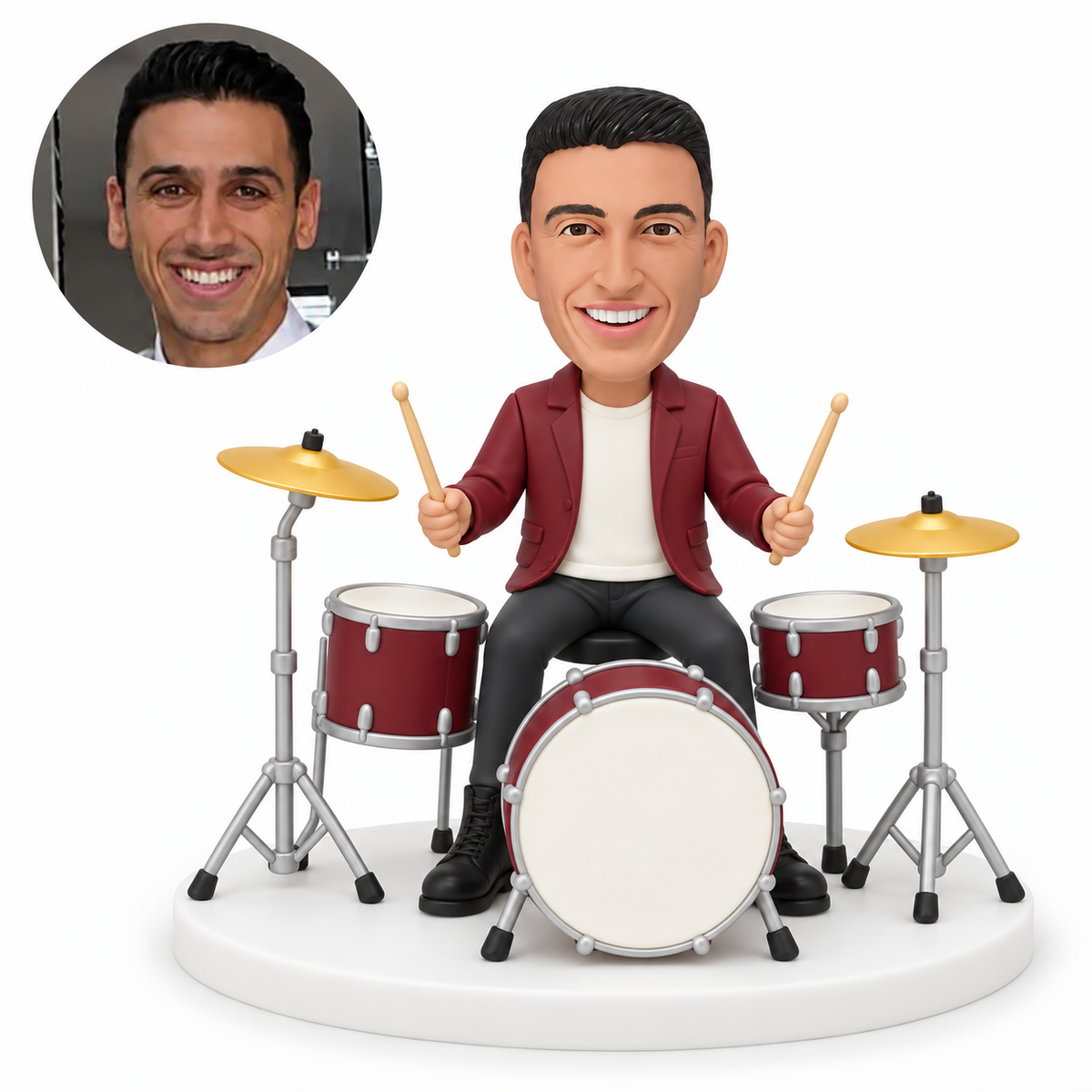 custom bobblehead figure male drummer holding both sticks outward at a three drum kit with two tripod cymbals MGA-AC1314