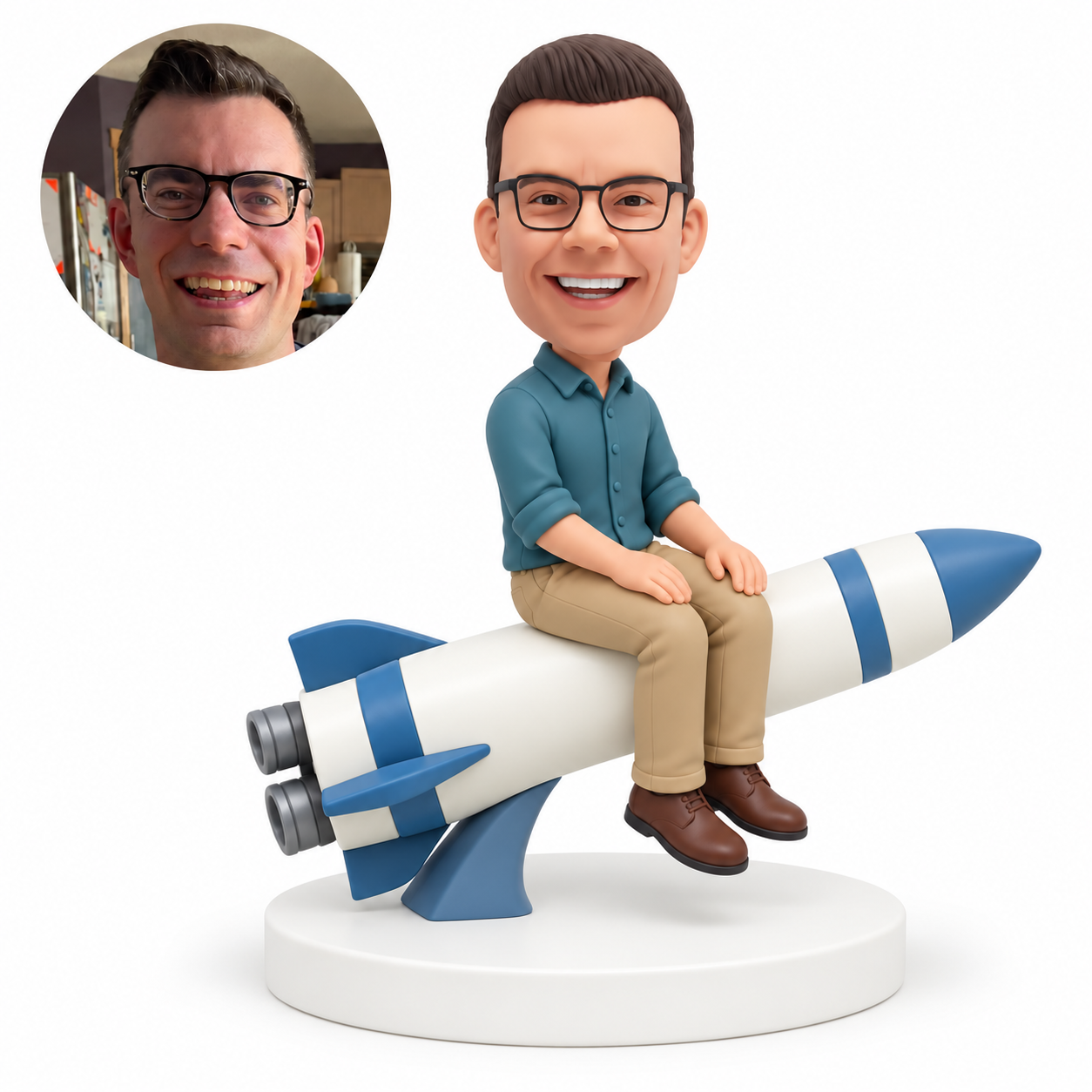 custom bobblehead figure man seated sideways on a diagonally tilted rocket with both hands on his lap MGA-AC1315