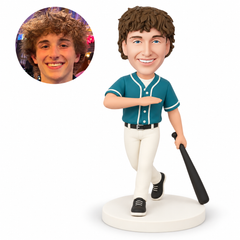 custom bobblehead figure baseball player stepping with a lowered bat and his other forearm across his chest