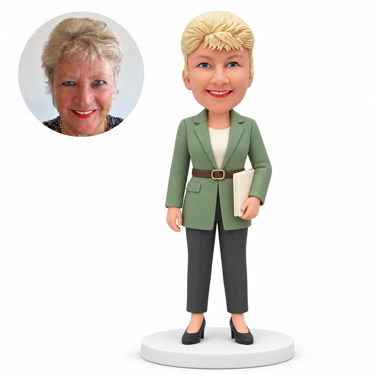 custom bobblehead figure businesswoman in a belted blazer holding a folder low with her other arm down