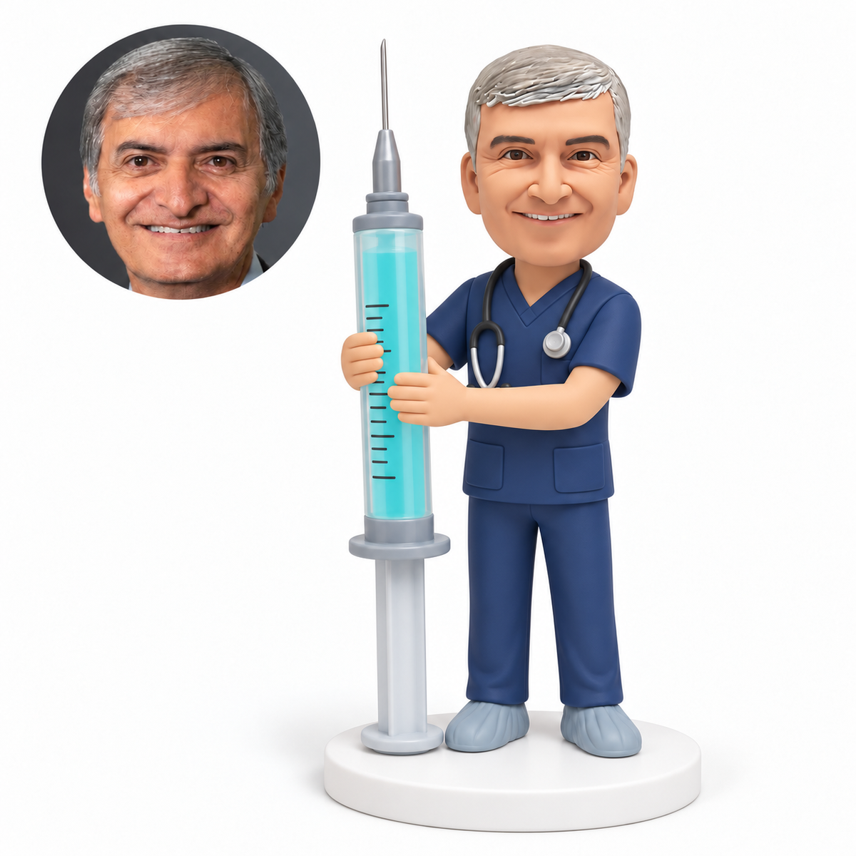 Custom bobblehead figure male medical worker holding a floor-standing giant syringe with both hands