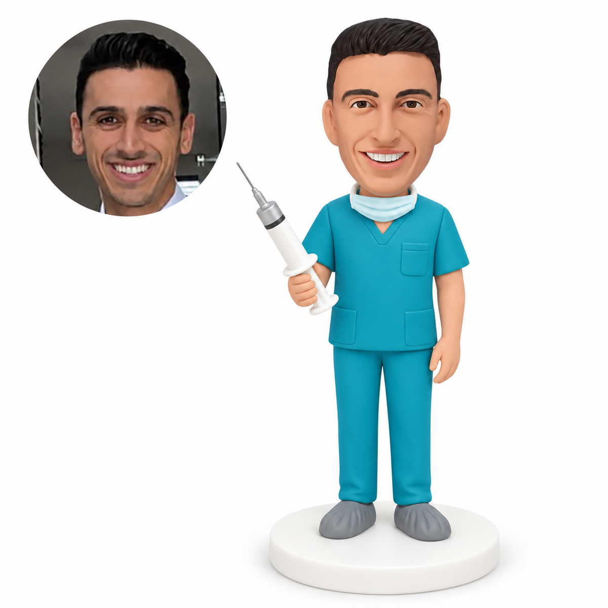 Custom bobblehead figure male medical worker holding a syringe by its lower plunger