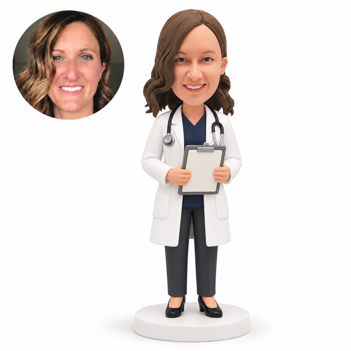 Custom bobblehead figure female doctor holding a clipboard with both hands