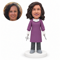 Custom bobblehead figure female surgical worker holding scissors and a scalpel at her sides