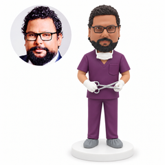 Custom bobblehead figure male medical worker holding open surgical scissors with both hands