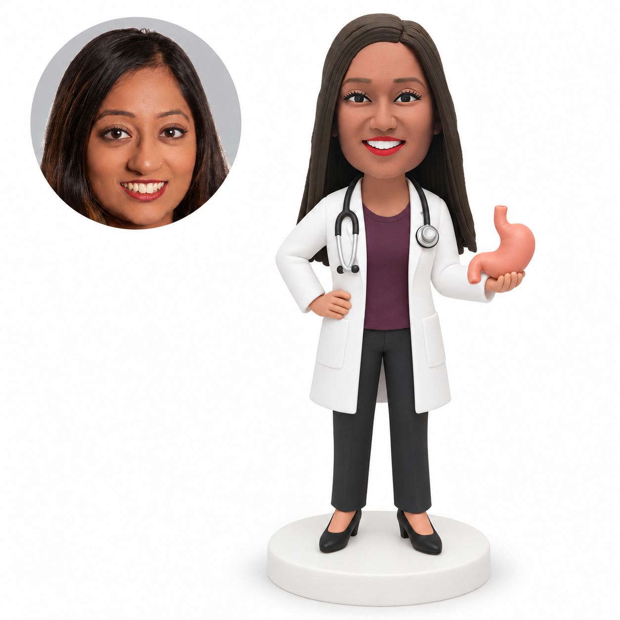 custom bobblehead figure female doctor holding a stomach model with one hand on her hip