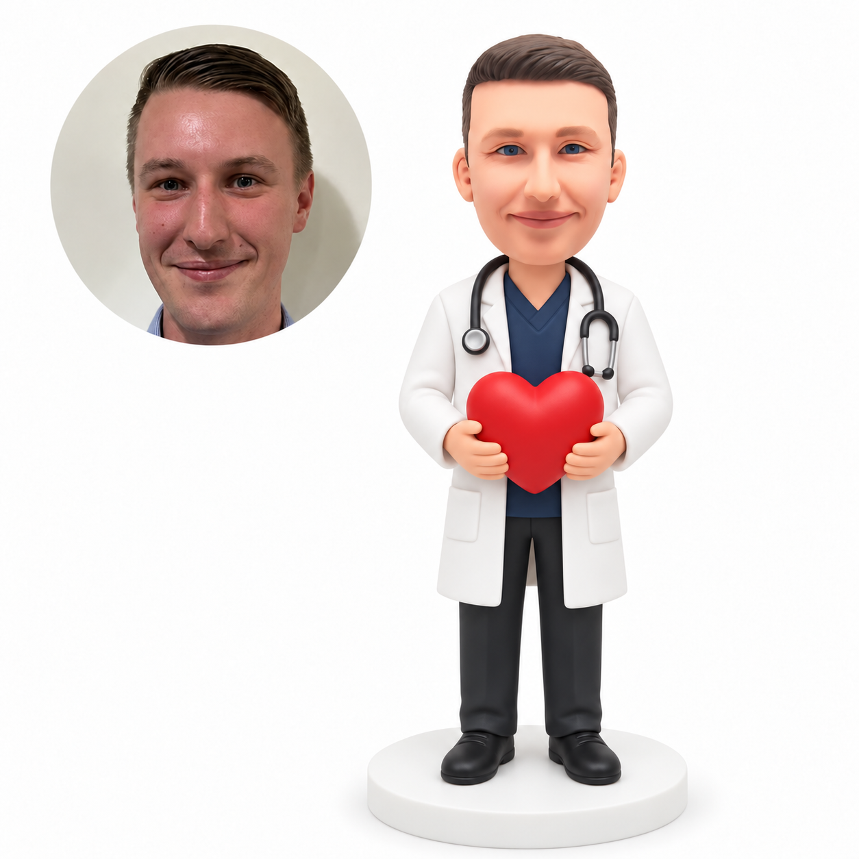 custom bobblehead figure male doctor holding a large heart with both hands