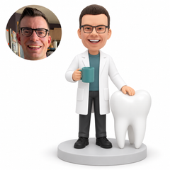 custom bobblehead figure male dentist holding coffee beside a giant tooth