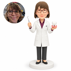 custom bobblehead figure female dentist holding a dental pick and tooth model