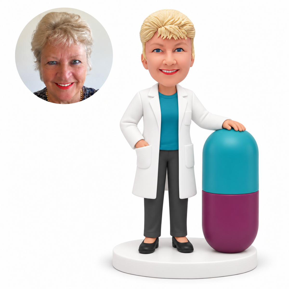 custom bobblehead figure female doctor resting one hand on a giant capsule