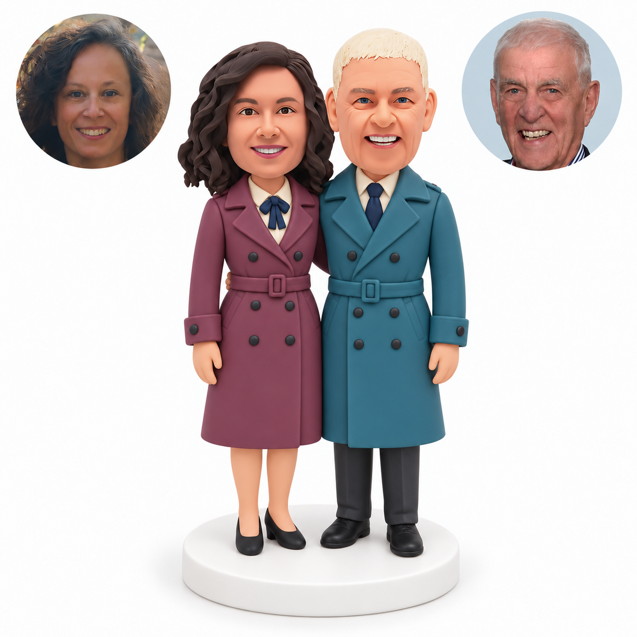 custom bobblehead figures couple in belted trench coats with a waist embrace