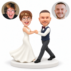 custom bobblehead figures wedding couple dancing with both hands joined and the groom in a lunge