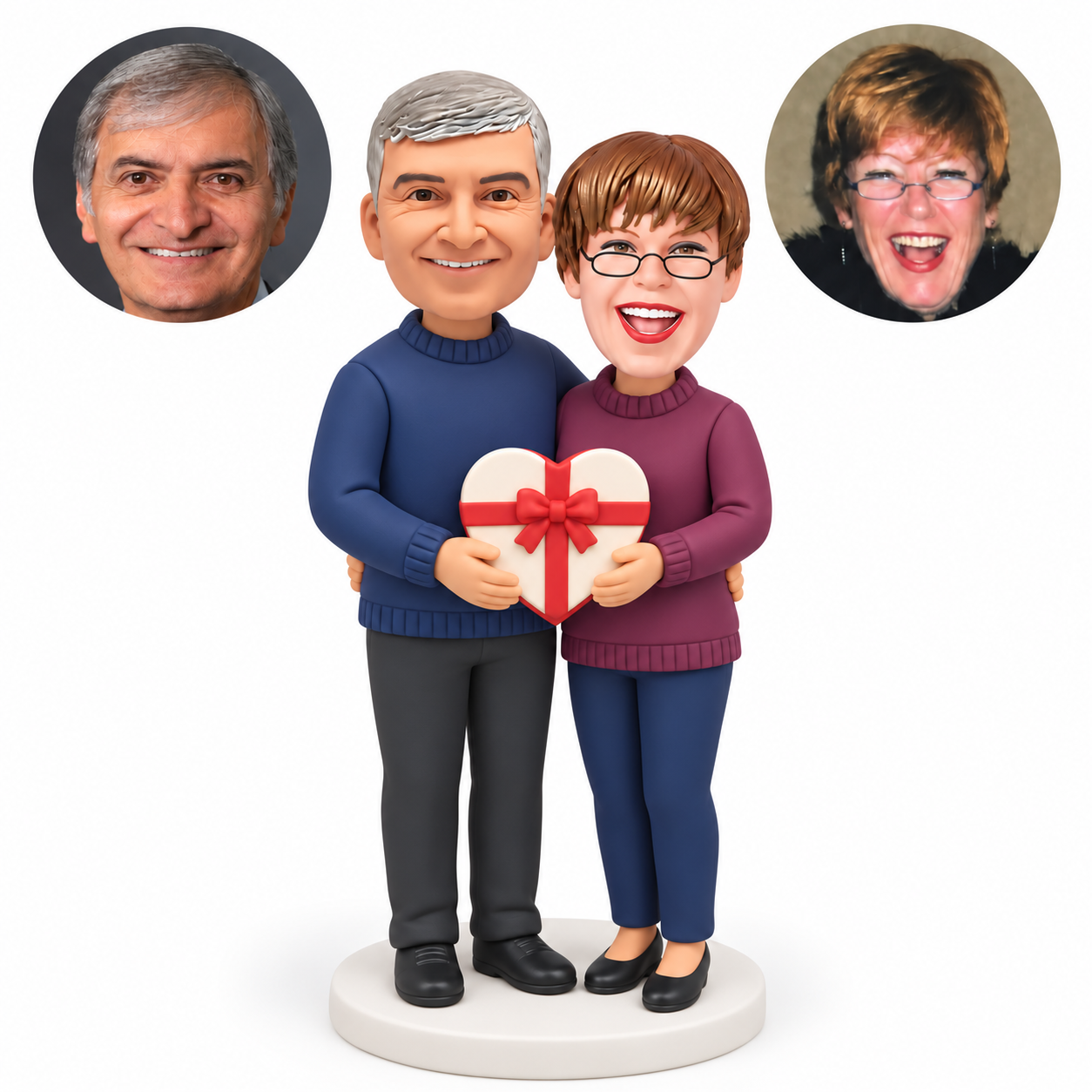 custom bobblehead figures couple in sweaters embracing and holding a heart shaped gift box