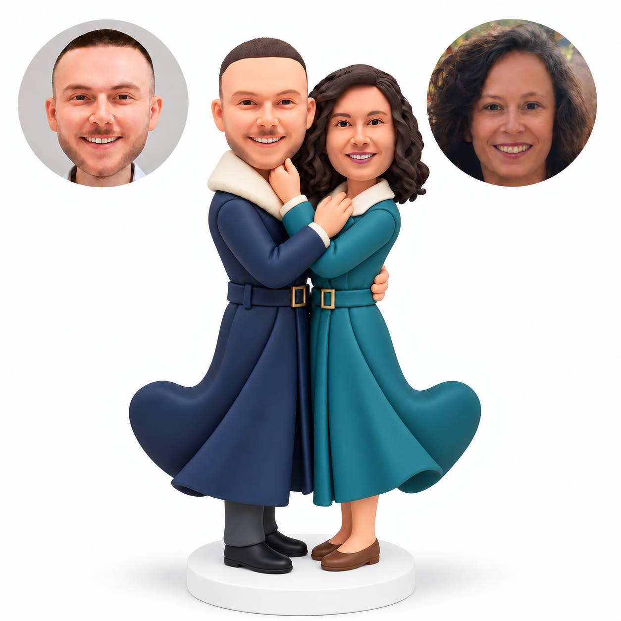 custom bobblehead figures couple in flowing trench coats embracing face to face