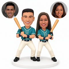 custom bobblehead figures baseball couple each gripping a bat with both hands in a batting stance