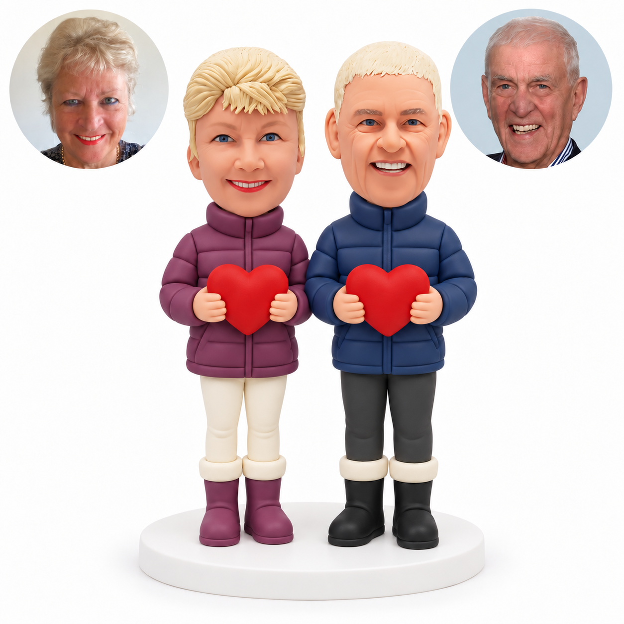 custom bobblehead figures couple in padded winter jackets each holding a separate heart