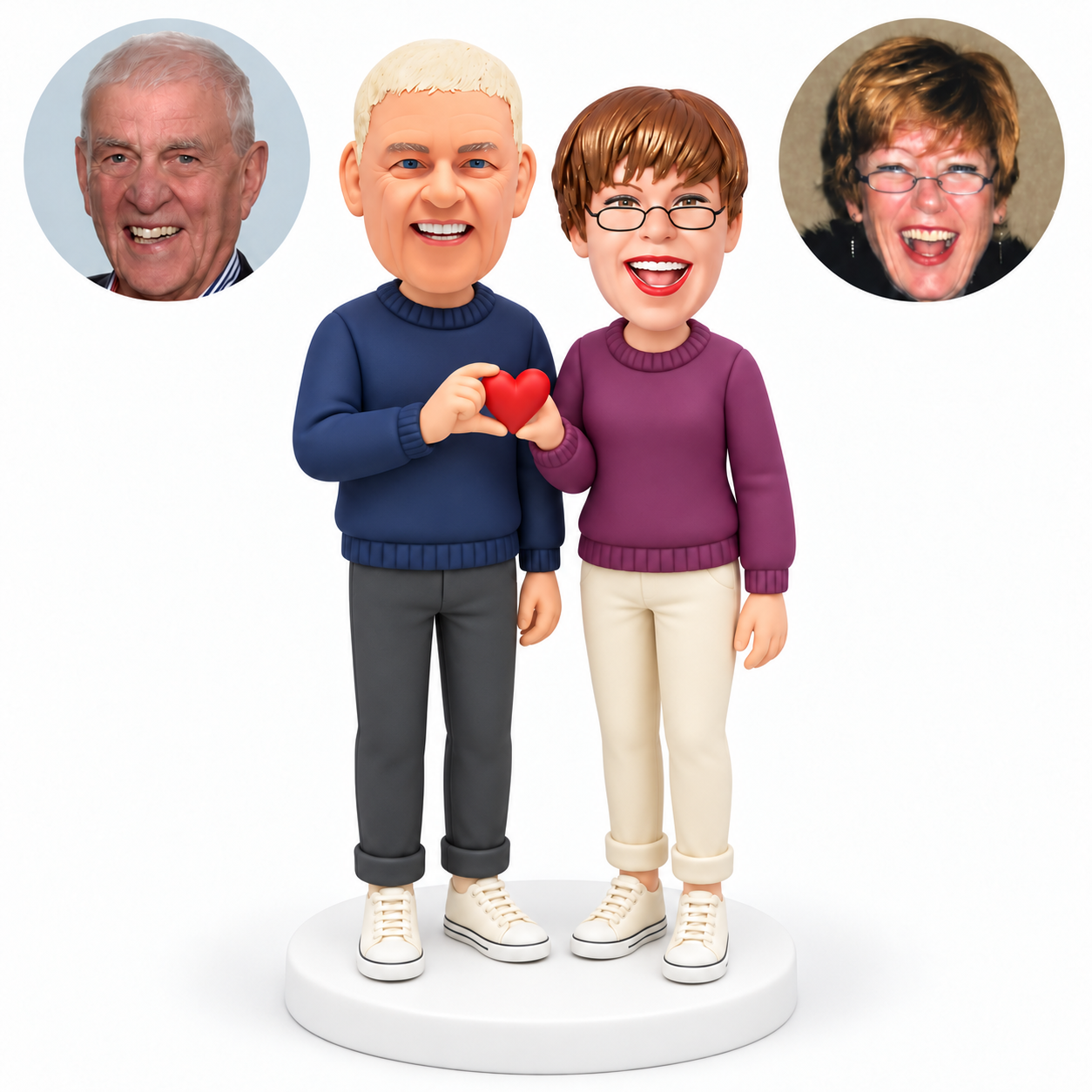 Custom Bobblehead Couple in Crew Sweaters Holding a Small Heart MGA-AC1393