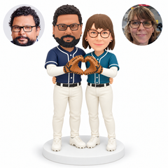 custom bobblehead figures baseball couple making a shared heart with two gloves while embracing