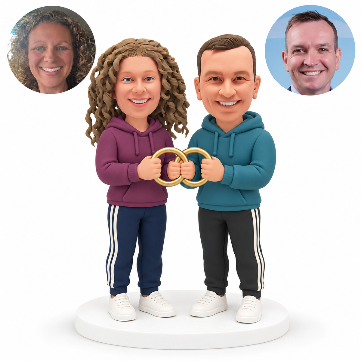 custom bobblehead figures couple in hoodies holding two interlinked rings together