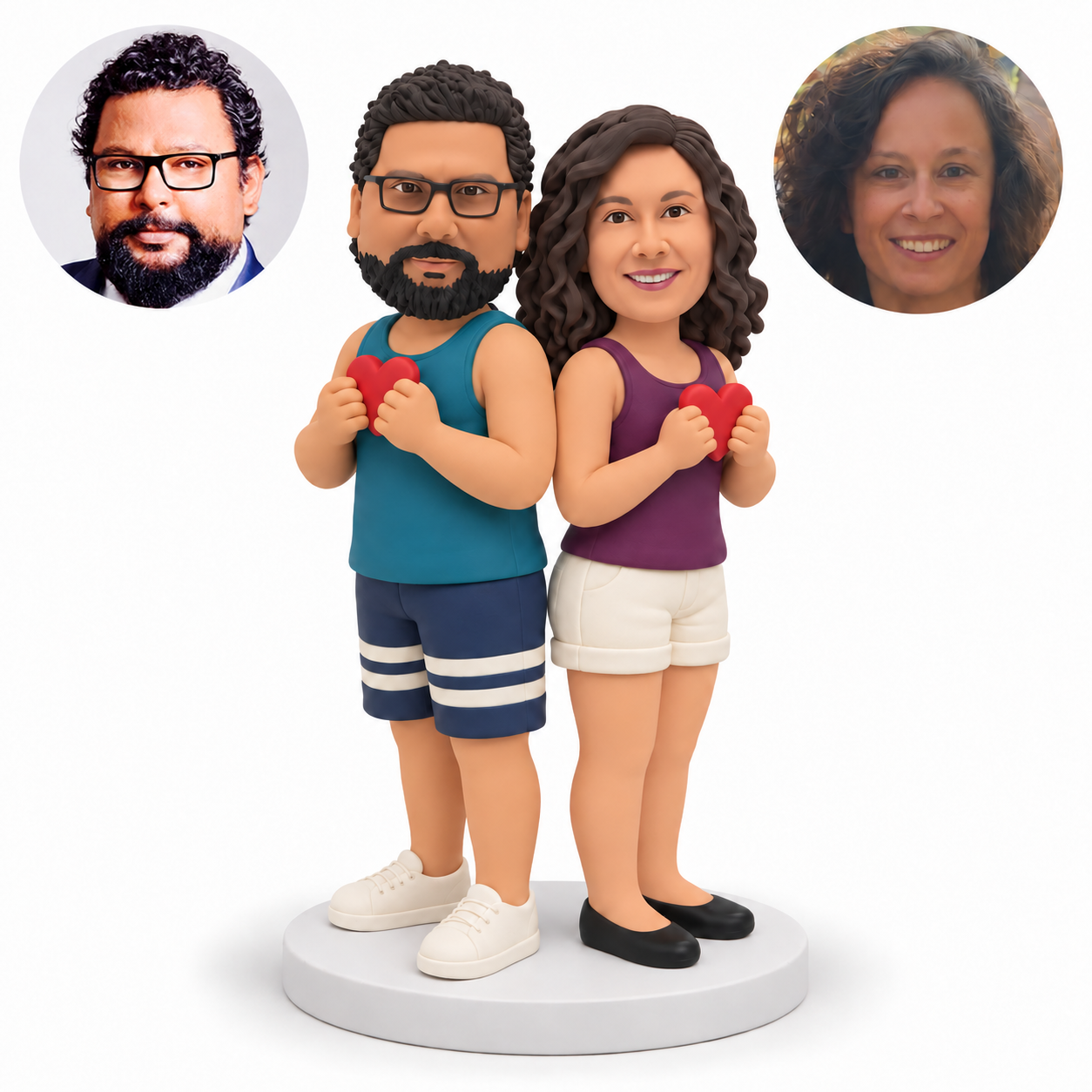 custom bobblehead figures beach couple standing back to back in tank tops and shorts each holding a small heart