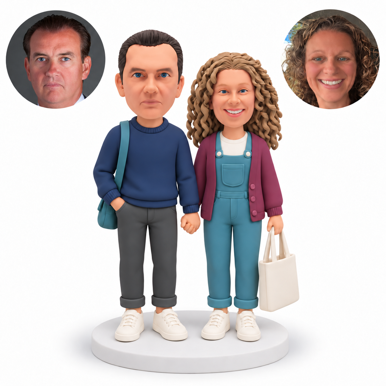 custom bobblehead figures couple holding hands with woman in bib overalls carrying a tote and man wearing a shoulder bag