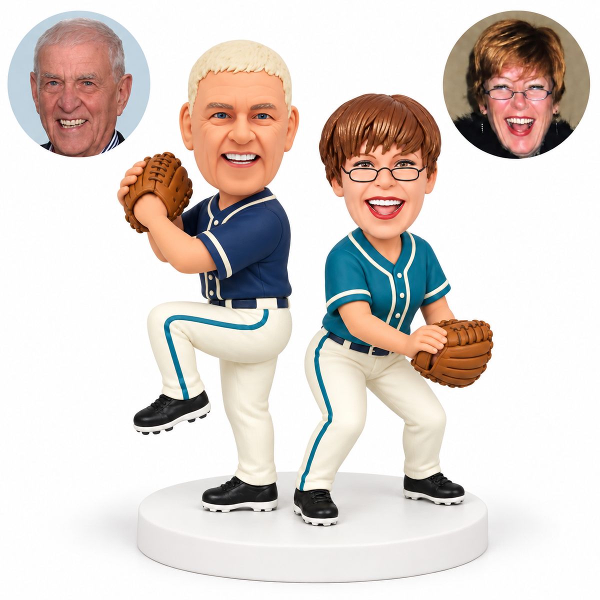 custom bobblehead figures baseball couple with man raising one knee for a windup and woman holding a glove in a bent knee stance
