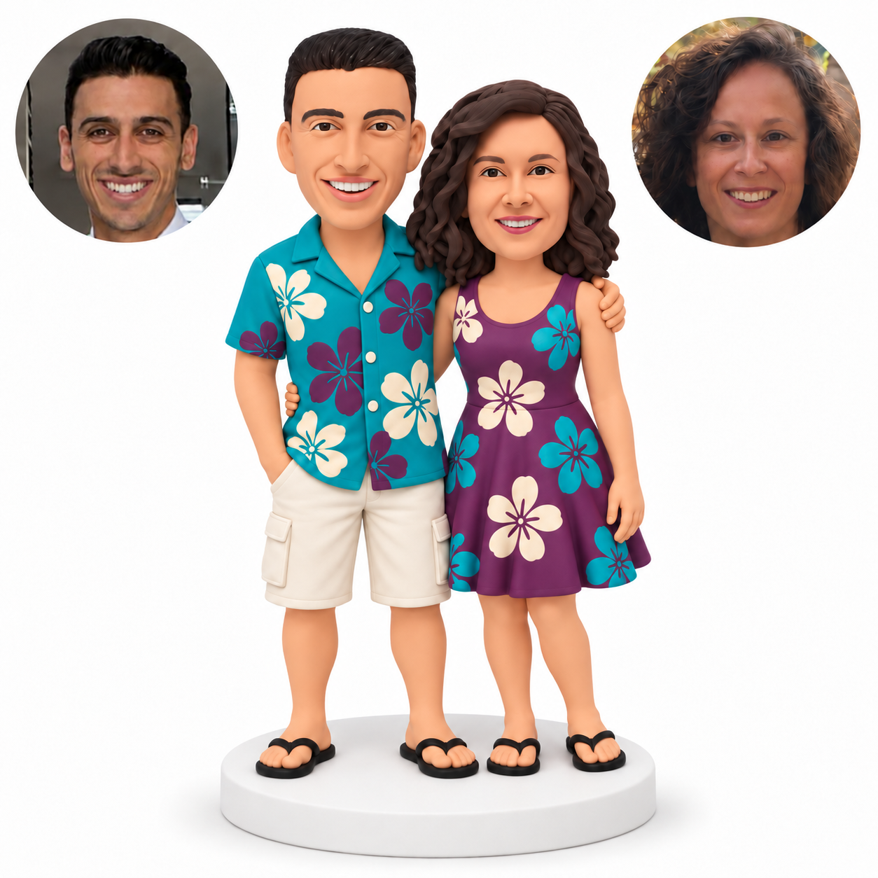custom bobblehead figures summer couple with man in a floral shirt and shorts putting one hand in his pocket and an arm around the woman in a short dress