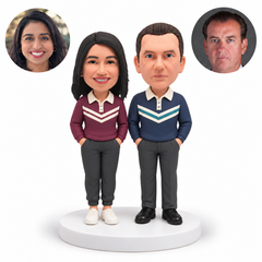 Custom couple bobbleheads in matching long-sleeve Polo tops with hands in trouser pockets - MGA-AC1408