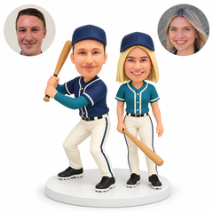 custom bobblehead figures baseball couple with man gripping a raised bat with both hands and woman holding a lowered bat in one hand