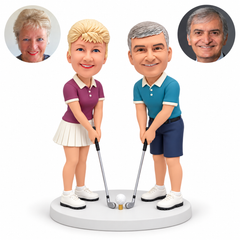 custom bobblehead figures golfing couple each holding a grounded golf club with both hands beside one central ball