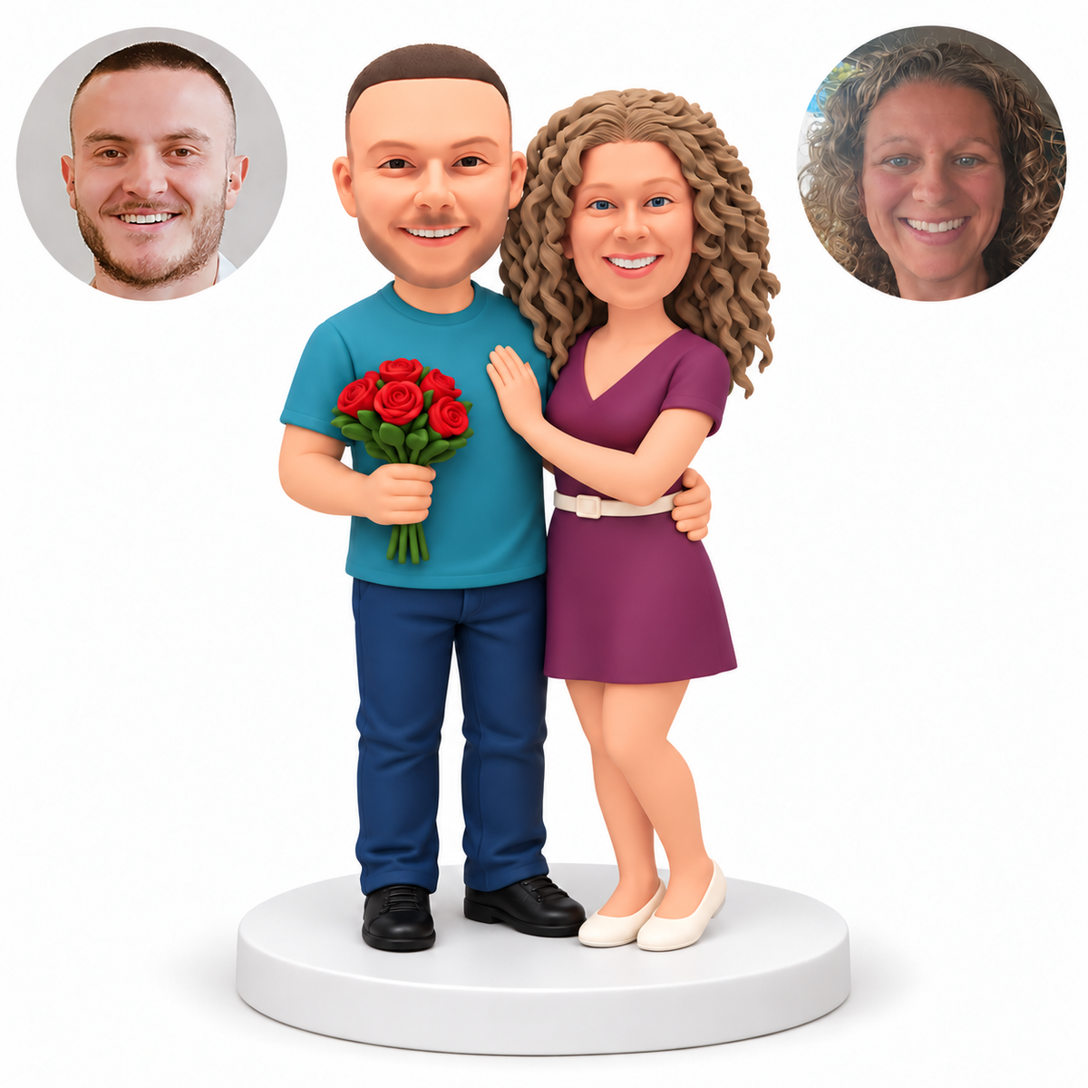 Custom couple bobbleheads with a bouquet and hand on chest - MGA-AC1413