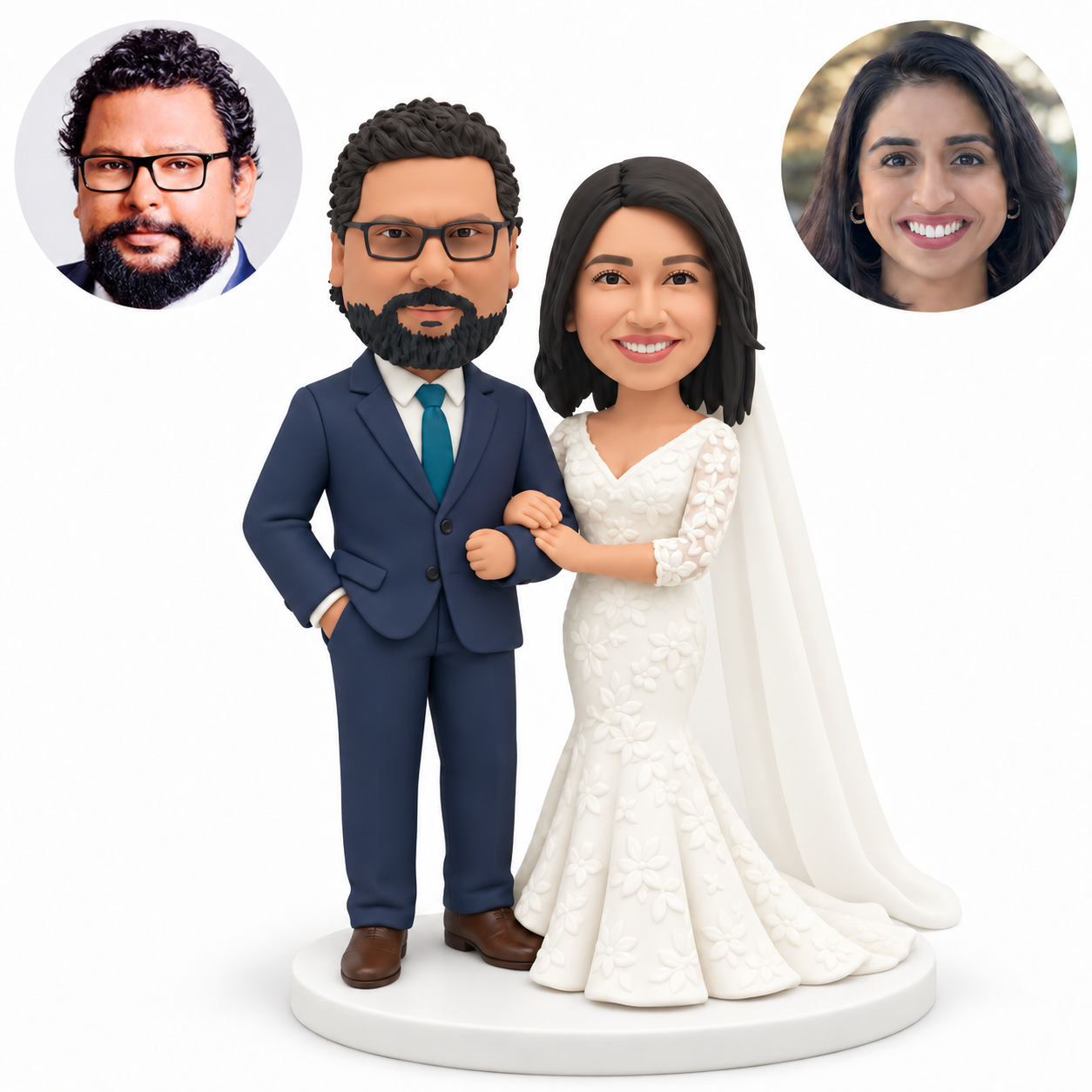custom bobblehead figures wedding couple with groom keeping one hand in his pocket and bride in a sleeved mermaid gown linking his bent arm - MGA-AC1418