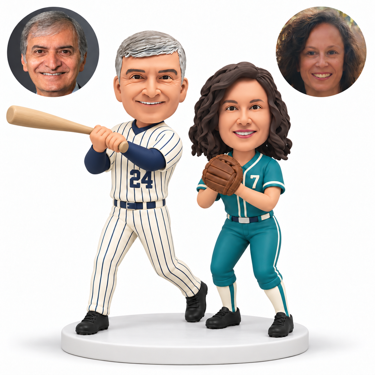 custom bobblehead figures baseball couple with man swinging one bat and woman holding one glove at chest level - MGA-AC1421