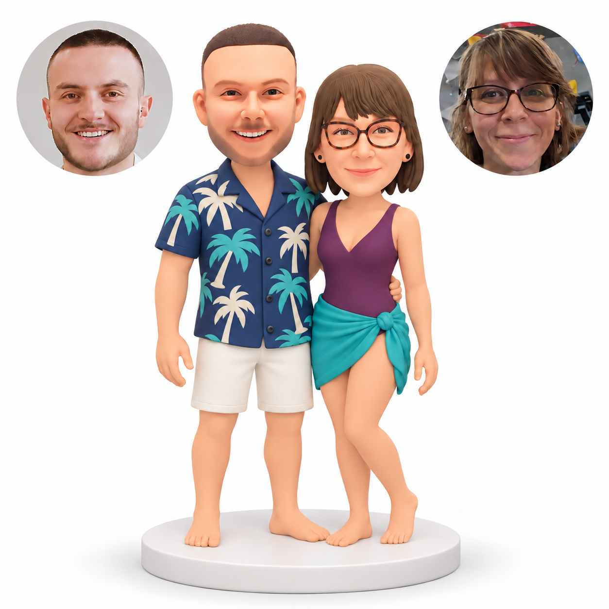 custom bobblehead figures beach couple with man in a tropical shirt and shorts and woman in a swimsuit with a tied sarong - MGA-AC1422