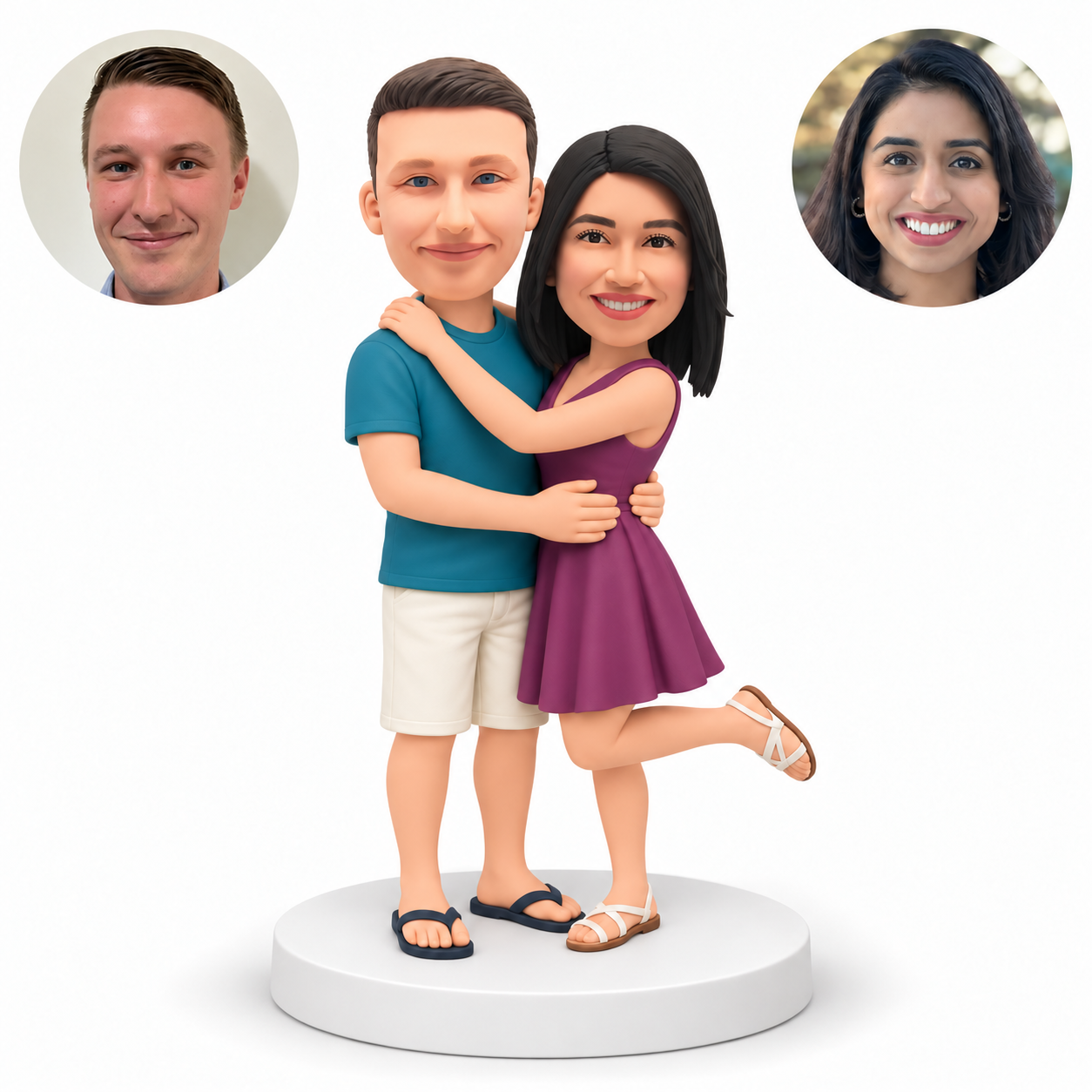 custom bobblehead figures summer couple with man in a T shirt and shorts embracing the waist of a woman in a short dress with her arms around his shoulders - MGA-AC1426