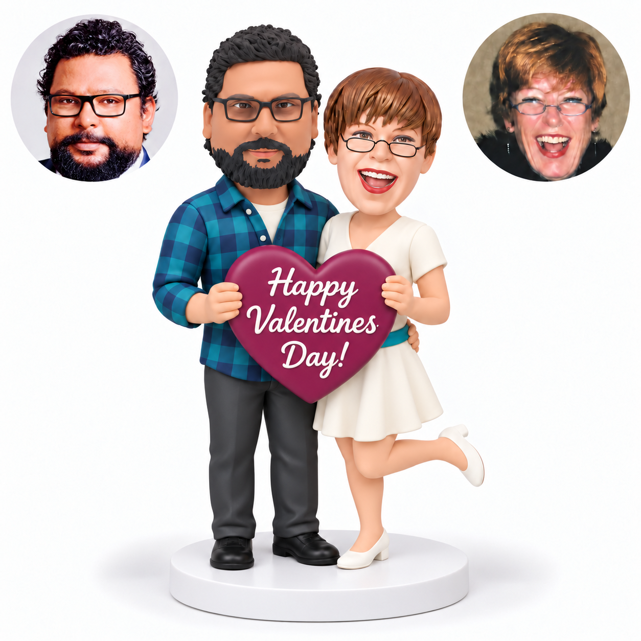 custom bobblehead figures couple embracing at the waist and holding one Happy Valentines Day heart with the woman lifting one foot behind - MGA-AC1427