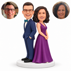 custom bobblehead figures formal couple standing back to back with the man keeping both hands in his pockets and the woman clasping her hands in front - MGA-AC1429