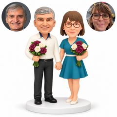 custom bobblehead figures couple holding hands low between them with each person carrying a separate bouquet of roses - MGA-AC1430