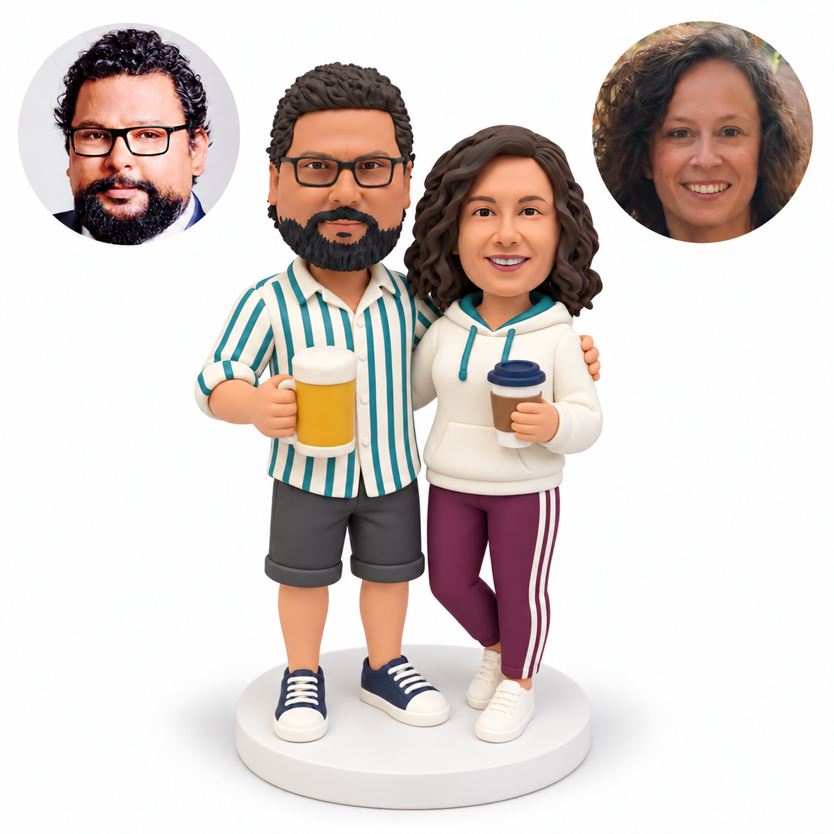 Two custom polymer clay bobblehead figures with matching photo portraits MGA-AC1443