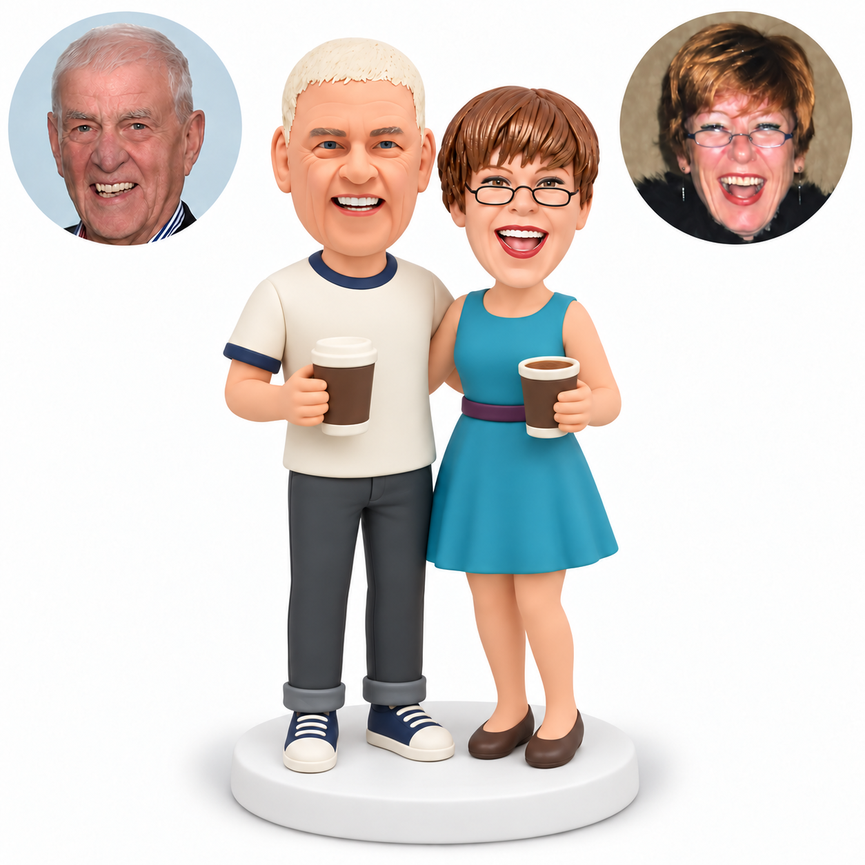 Two custom polymer clay bobblehead figures with matching photo portraits MGA-AC1446