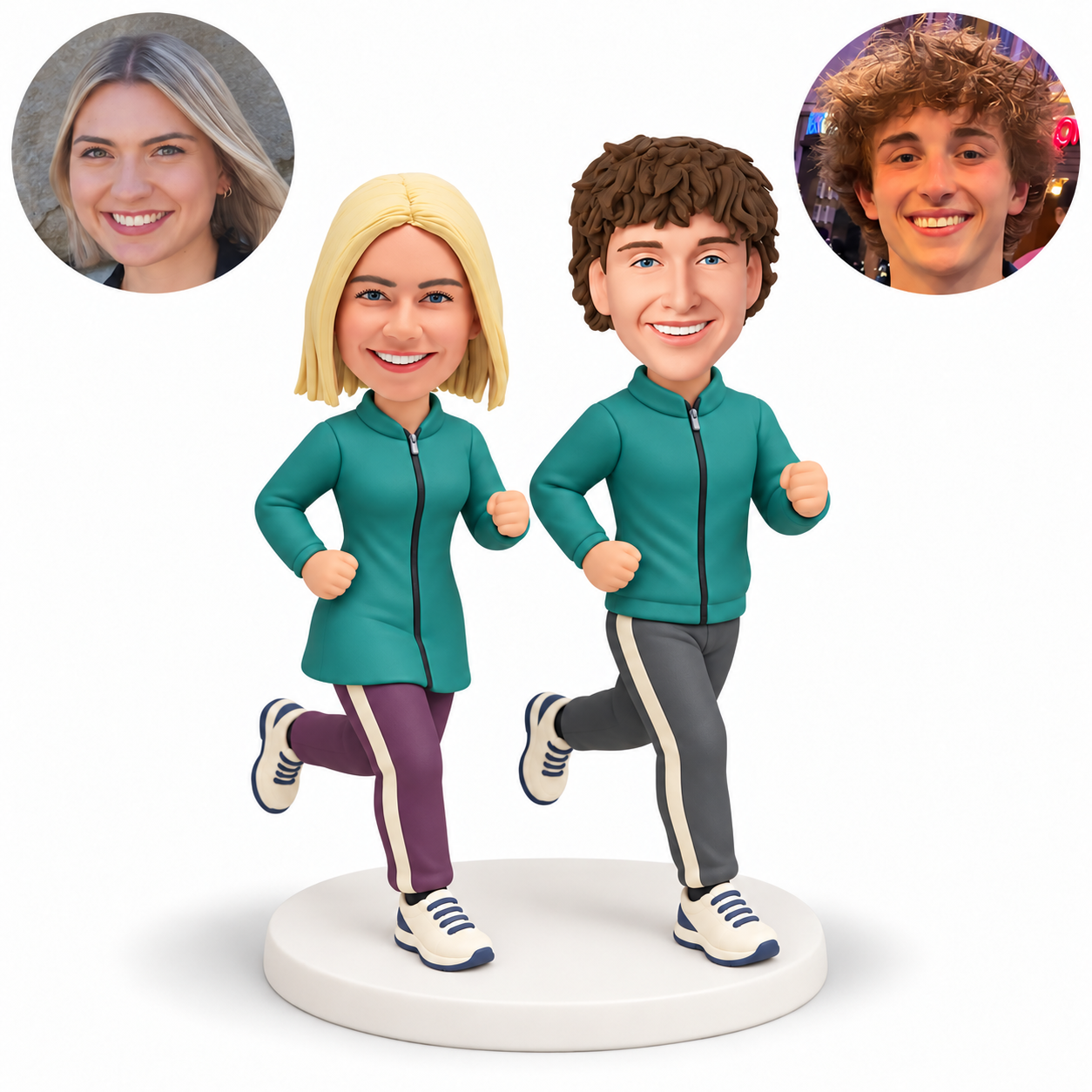 Two custom polymer clay bobblehead figures with matching photo portraits MGA-AC1448