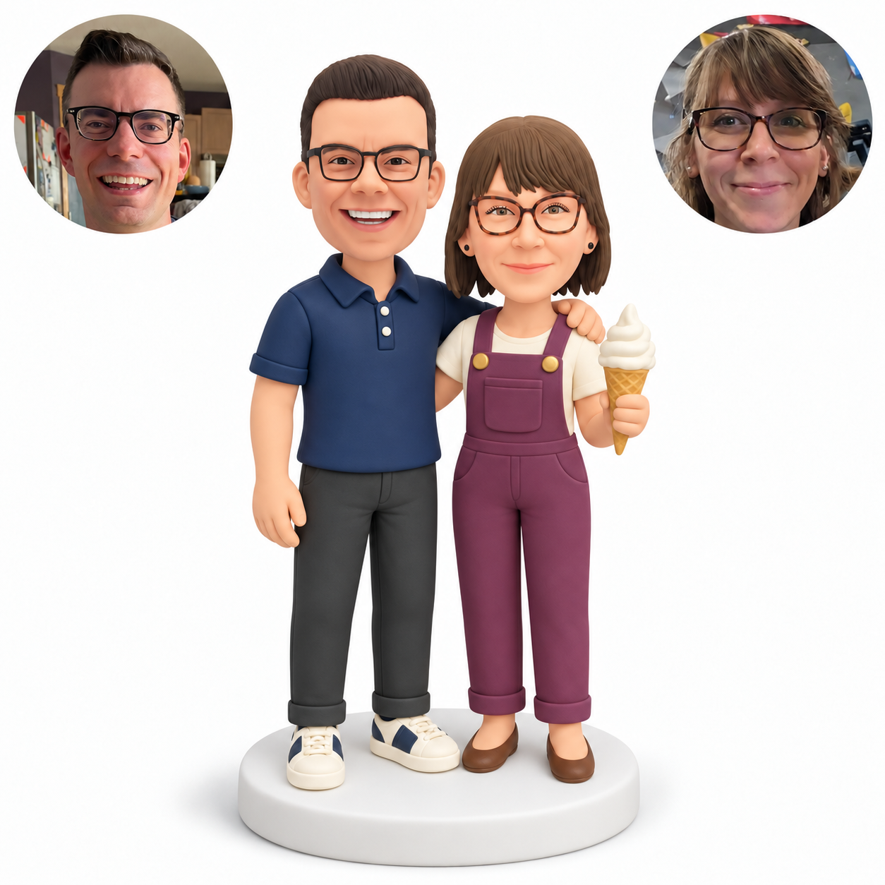 Two custom polymer clay bobblehead figures with matching photo portraits MGA-AC1449