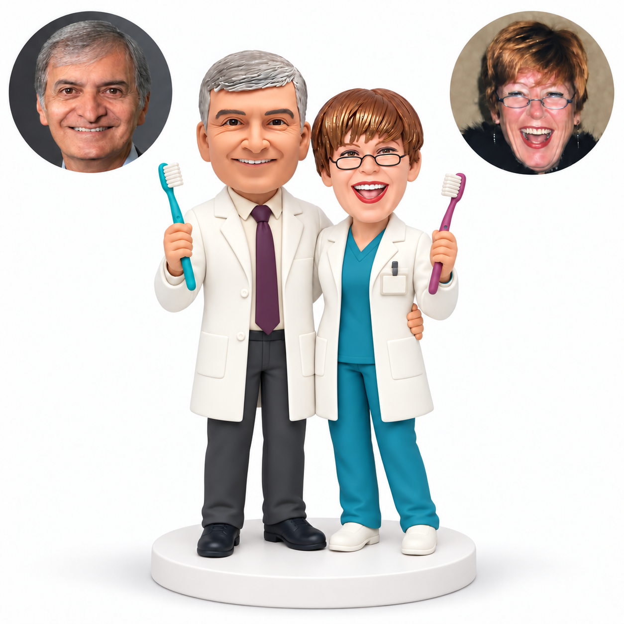 MGA-AC1458 custom couple bobblehead figures with original clay heads and matching photo circles
